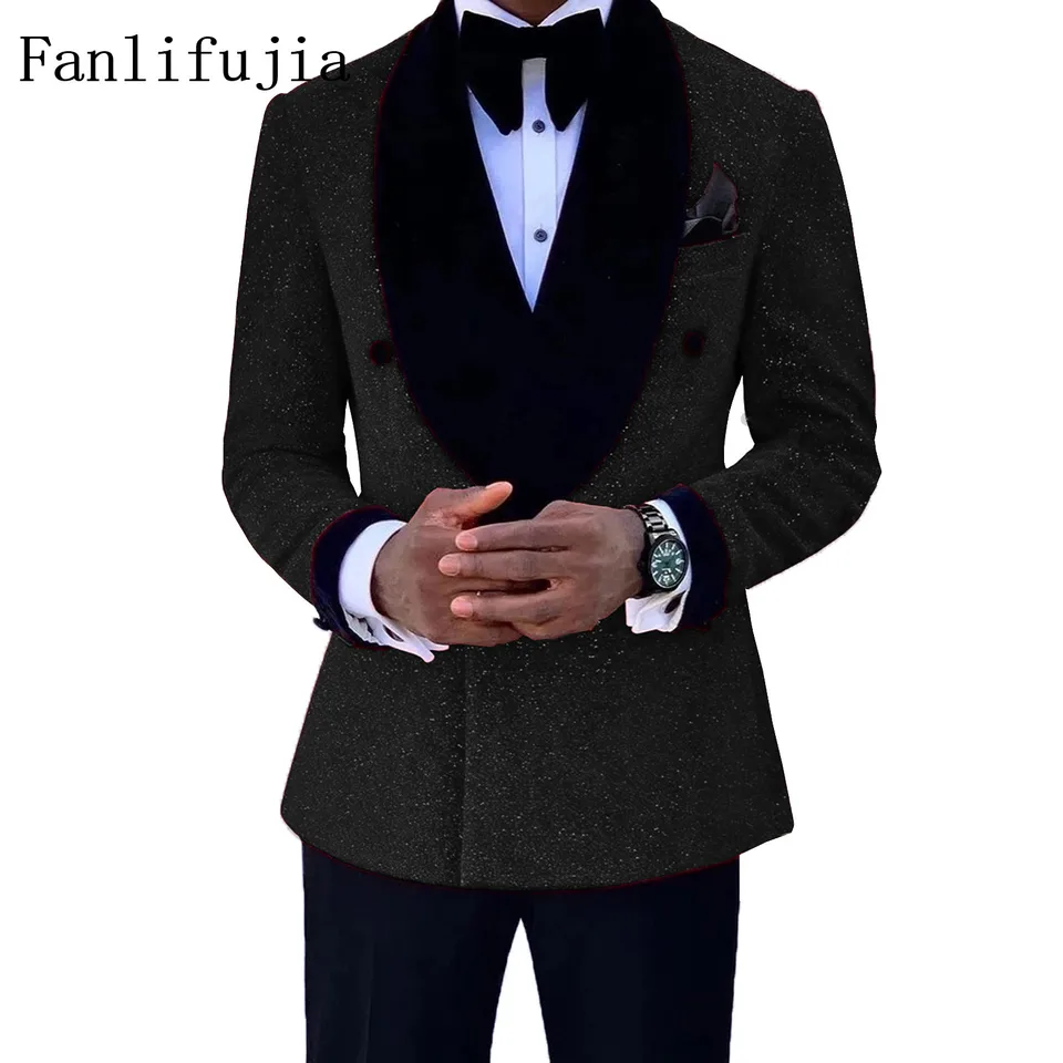 Fanlifujia Luxusný červený trblietky obleky mužov Svadobný smokedo Double Breasted Blazer Formal Evening Party Dress 2 kusy sada