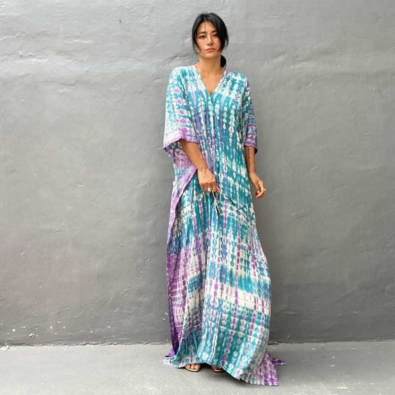 Fantasy batik kravata Dye Dress Ženy letný rayon dlhé maxi šaty na pláži Cover ups holidwear rezort kúpeľ