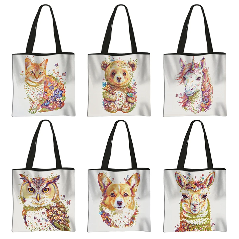 Fantasy kvetina mačka tlačená taška na ramenné tašku Watercolor Owl Llama Corgi Animal Tote Tašky