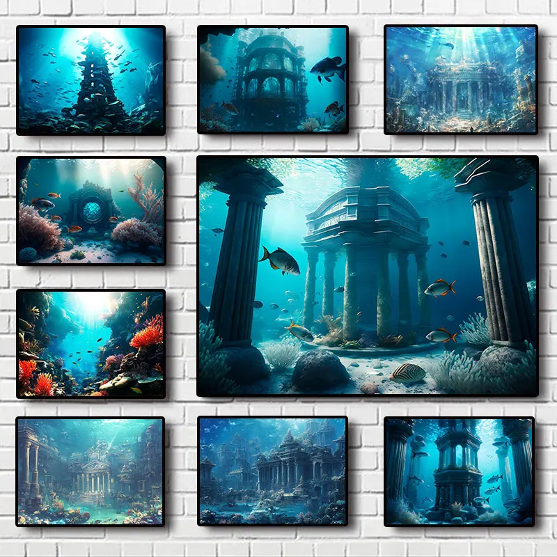 Fantasy pod vodou konštrukcia hrad rýb World Wall Art Canvas maľba módne plagáty Wall Pictures Domáce dekorácie obývacia izba obývacia izba