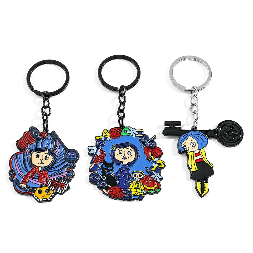 Fantasy vzrušujúci anime film Coraline a tajné dvere Keychain Cartoon postava Coraline ENAMEL Pendant Keyrings ORNAMENT
