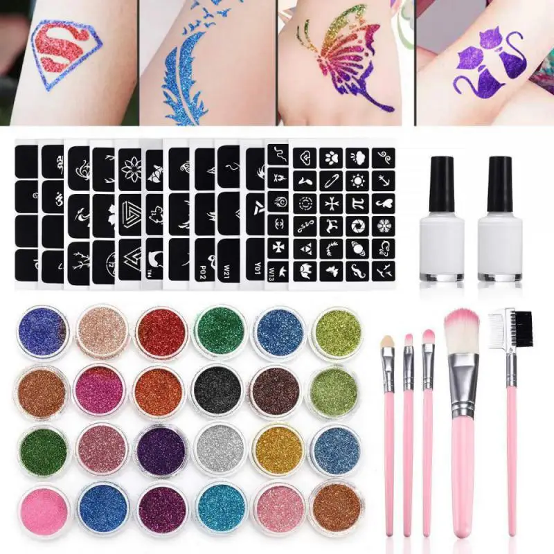 Farba 125 Tattoo šablóny Flash Glitter Flash Prášok pre dočasné tetovanie detí tvárou v tvár Nástroje