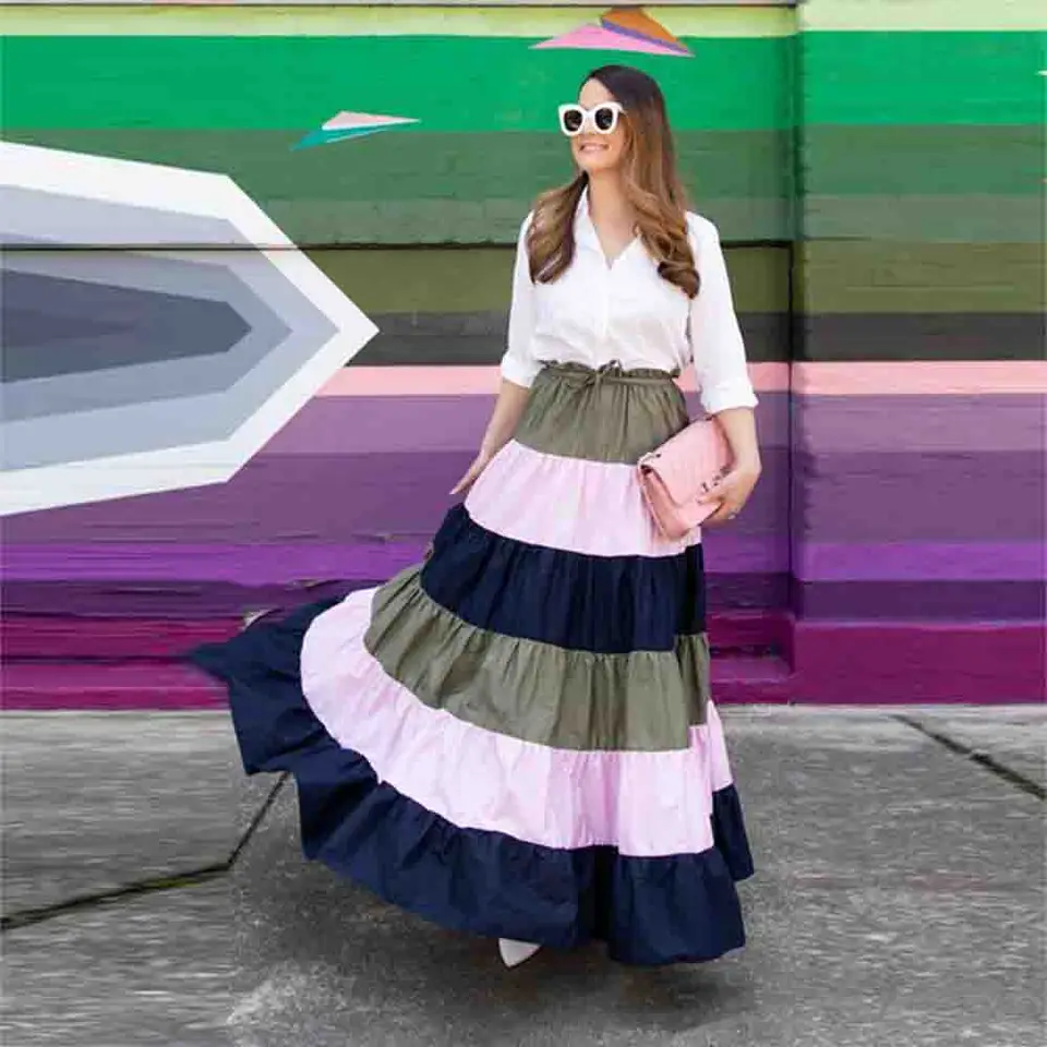 Farebná dlhá sukňa Satin Ruffles Navy ružová lady Saias Girls Svadobné hosťovské šaty A Line Ženy Formálne nosenie dámskych sukní