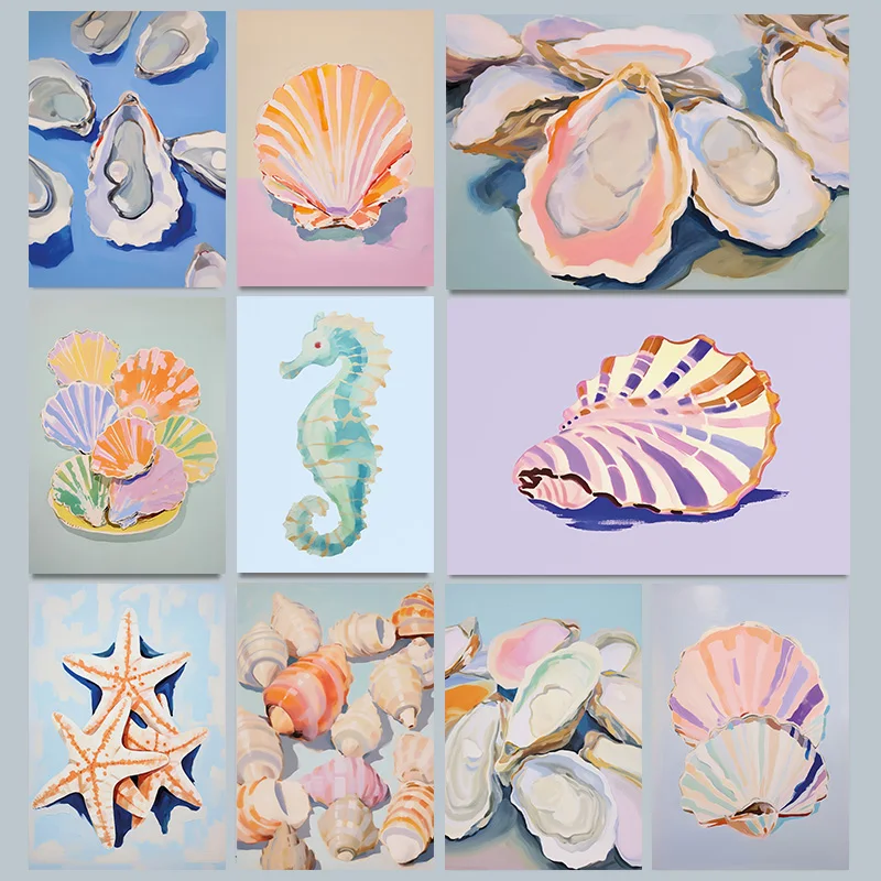 Farebná pastelová ustrica škrupina mušľová pobrežná morská komorná plagát Starfish Print Wall Art Pictures Canvas maľba