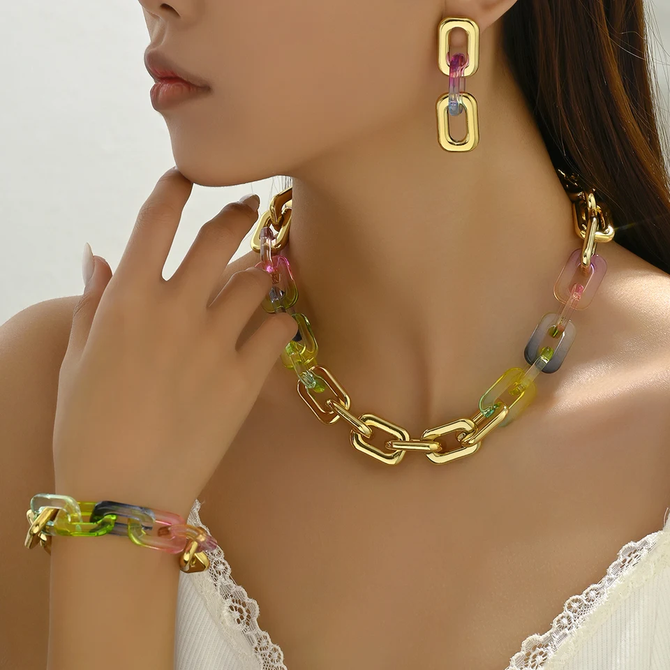 Farebné akrylové robustné bohain dlhé reťazce Gollares náhrdelníky sada Punk retiazka Choker náhrdelník pre ženy trendy módne šperky