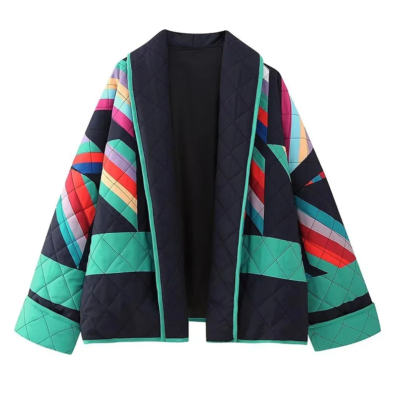 Farebné blokujúce bavlnené dámske dámske bunda voľné neformálne zostrihané zahrnuté teplé zimné kabát Žena Outwear Street Style Tops
