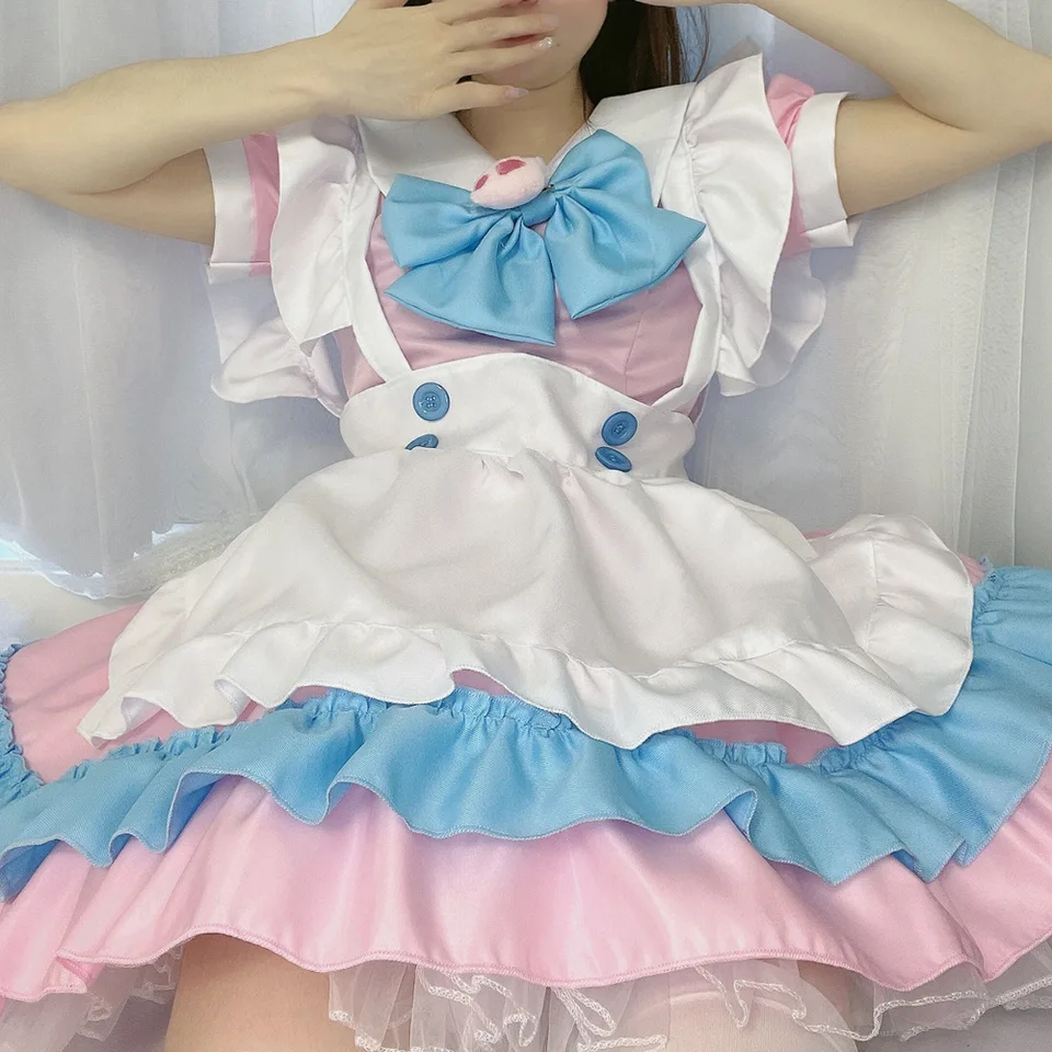 Farebné cosplayer ženy slúžky šaty ružový kostým cosplay roztomilý krátky rukáv retro slúžka lolita šaty roztomilý japonský francúzsky outfit