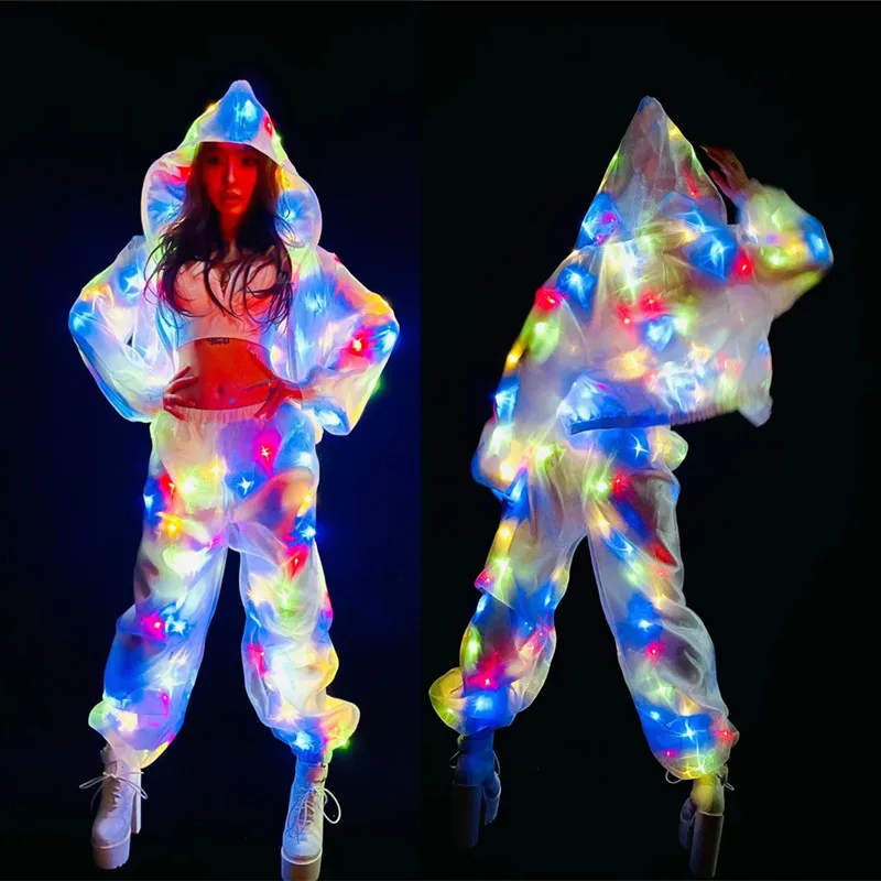 Farebné elektronické osvetlenie tanečný kostým LED LED žiariace kapucňové bundy nohavice 2 -kusové nočné klubové pódium Performance Performance
