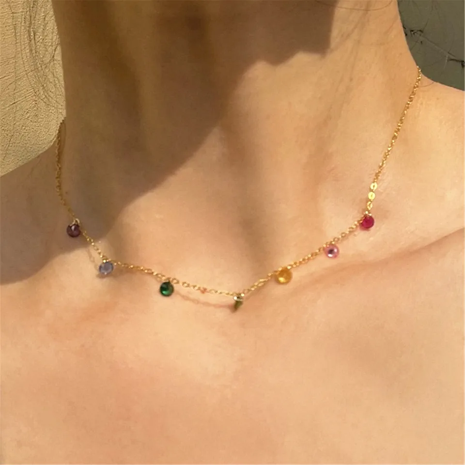 Farebné krištáľové zirkónia 14K Gold Plnený reťazový náhrdelník pre ženy prívesok Choker Bohemian Vyhlásenie náhrdelníkových šperkov darček