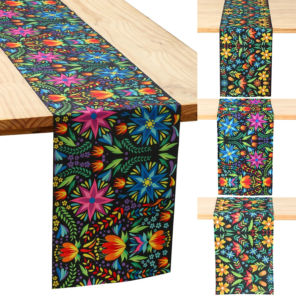 Farebné kvety stolové bežec Mexický deň Fiesta Day of the Dead Linen Table Runners Kuchynský stôl dekorácia dekora