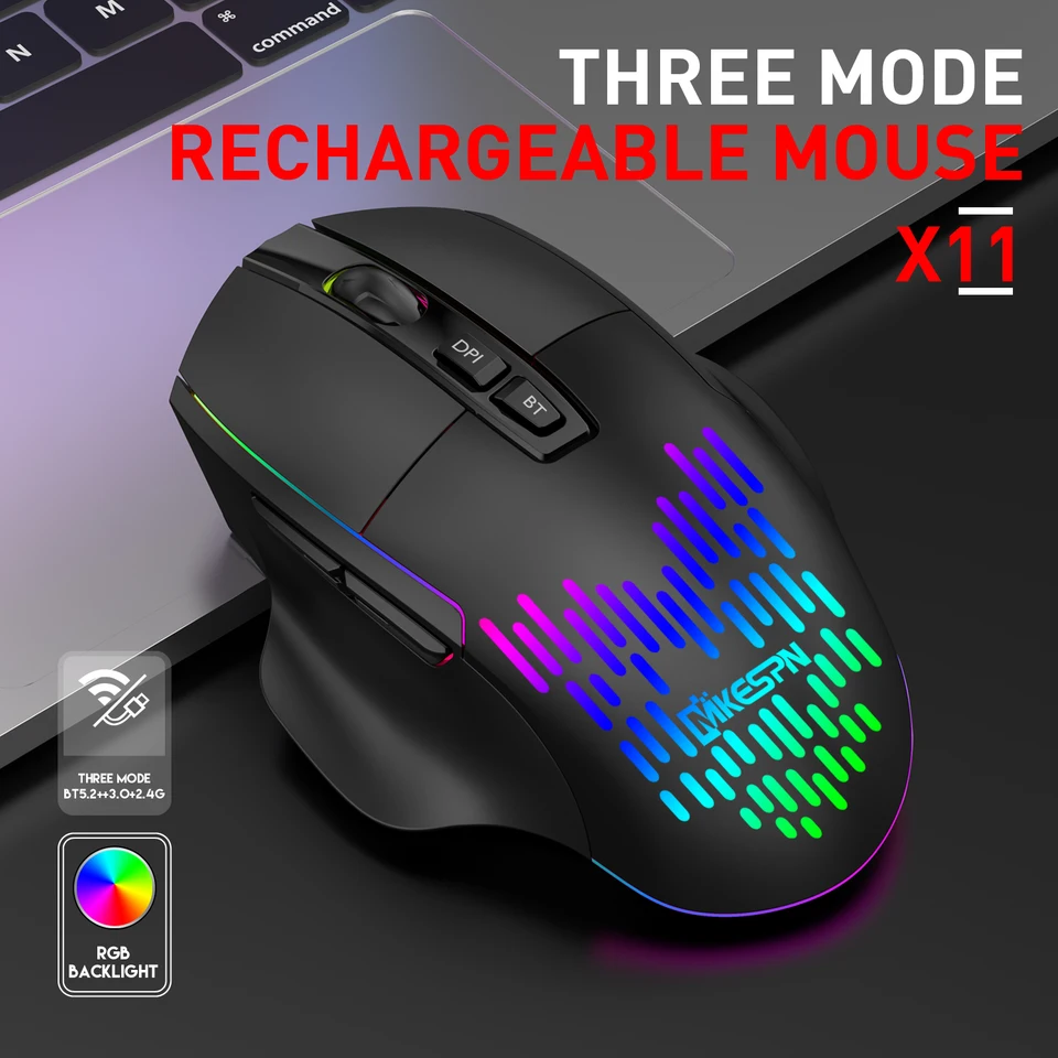 Farebné osvetľovacie efekty Nabíjateľné tiché herné myši Thri-Model Wireless Bluetooth ergonómia optická myš pre počítač