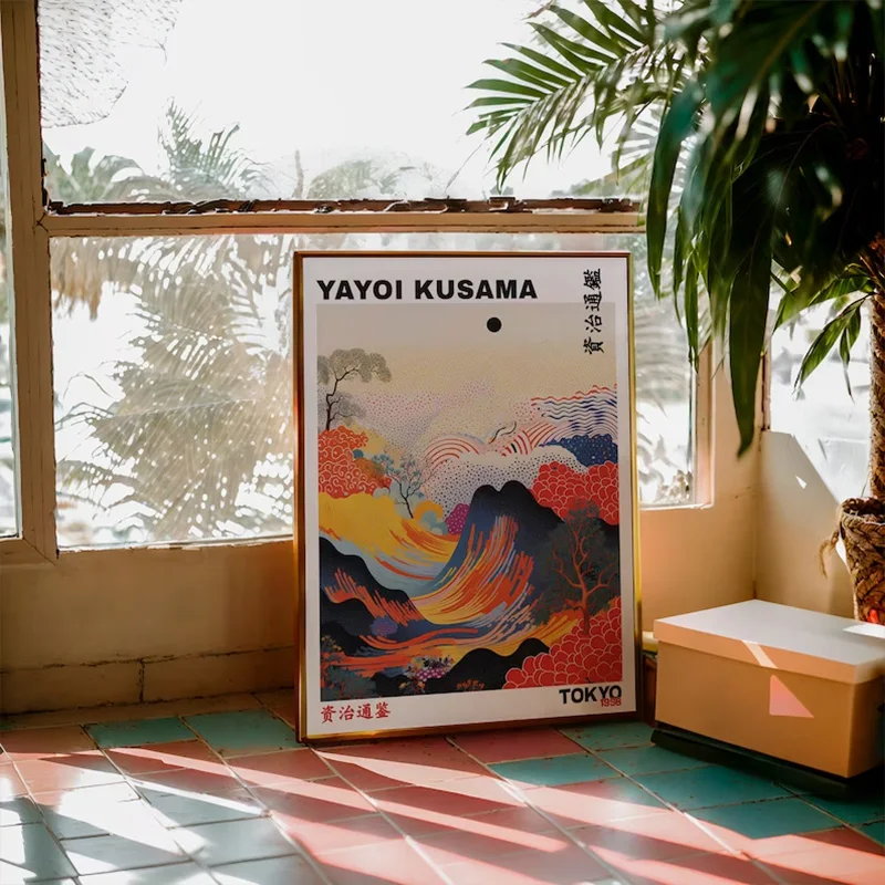 Farebné pohoria Yayoi Kusama a rieky Plagát Vintage japonské matné plátno Materiál nástenná maľba galéria spálne nástenné umenie