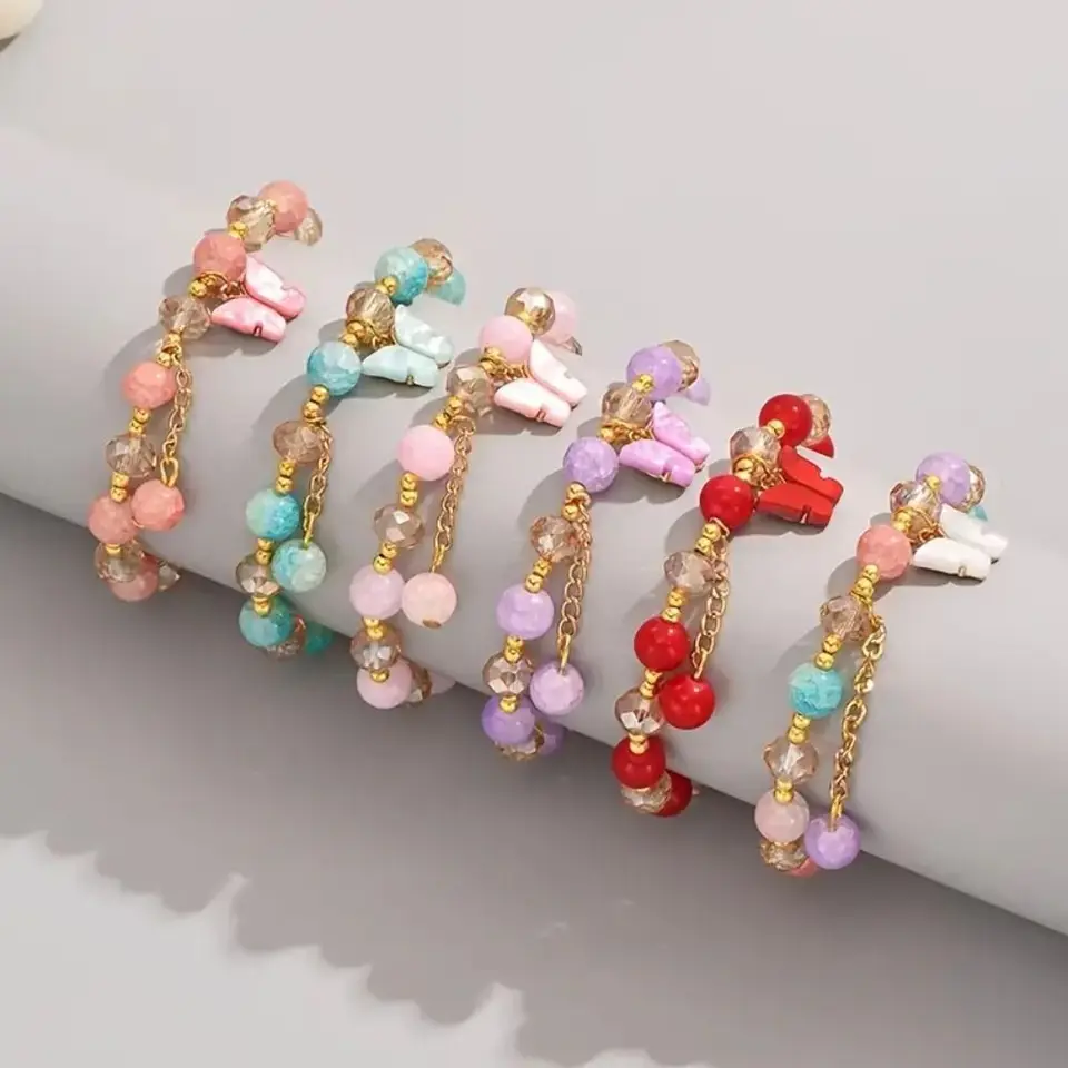Farebné s motýľovým príveskom ruky ruky šperky sladké krištáľové sklenené korálky náramok nastaviteľný zliatinu Ženy Bangle Girls