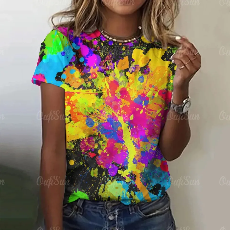 Farebné splash 3D maľba Dámske letné tričká Y2K Street Fashion Casy Casy Style Pohodlný priedušný krátky rukáv T T