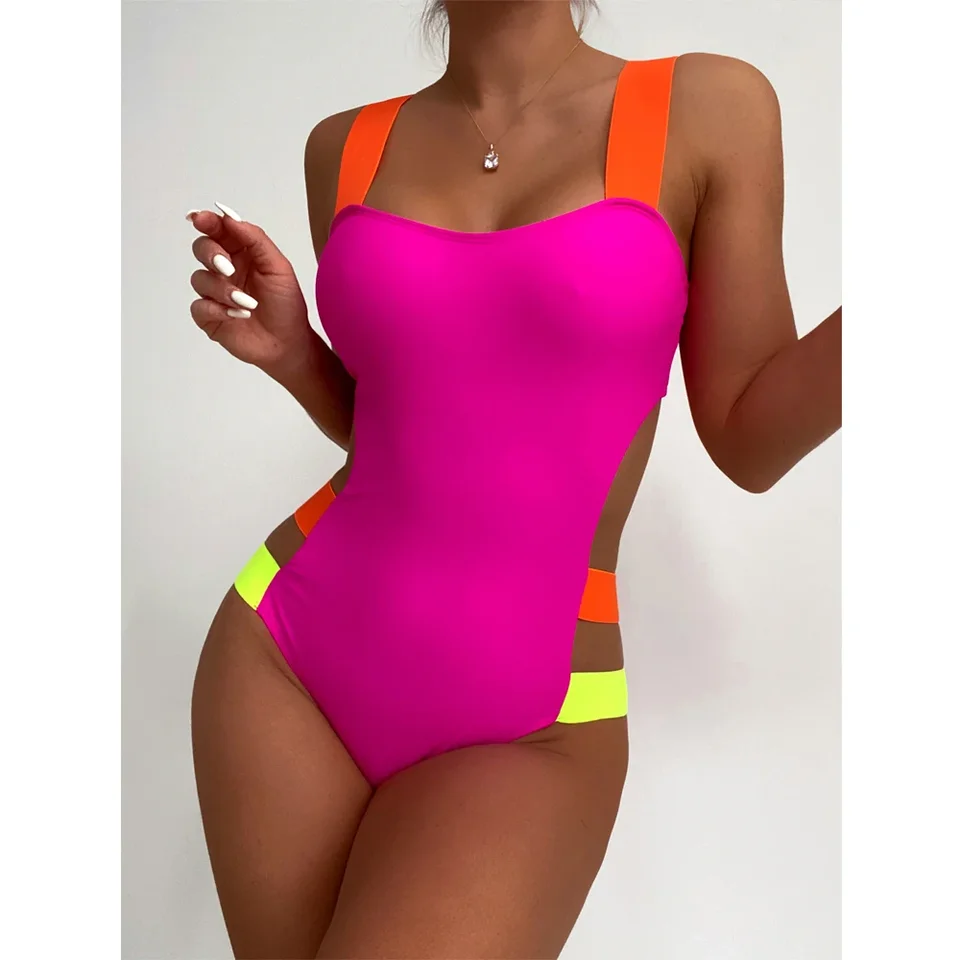 Farebný blok jednodielne plavky 2023 dámske neónové bandage bikiny High pás dutiny z plaviek Rose Red Slim Backless Monokini