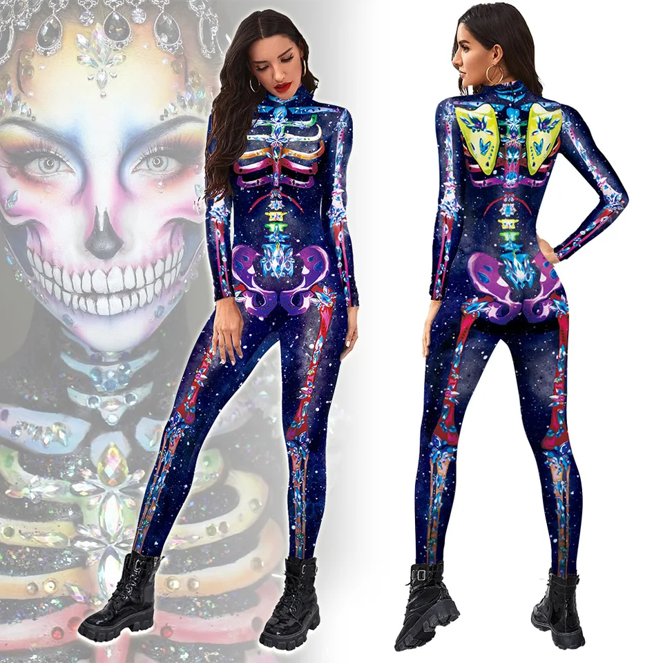Farebný cosplayer halloween kostra tlačené kombinézy dám Halloween Performance Outfits Party Cosplay kostým zentai fitness