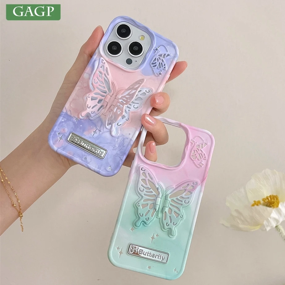 Farebný gradient 3D dutina Butterfly Držiak puzdro pre iPhone 15 14 13 12 11 Pro Max 15 14 módny držiak držiaka nárazu proti šokom