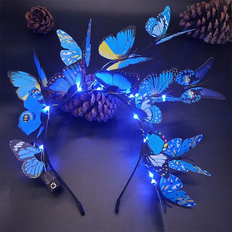 Farebný LED motýľový vlasový obruč GLEALING LIGHT UP Fascinator čelenka Česká vlasová skupina pre svadobnú vianočnú večierok
