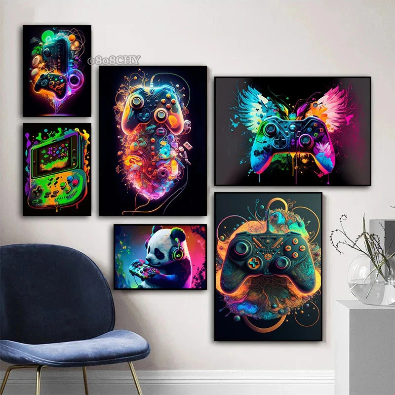 Farebný ovládač hry Pop Art Plagáty a výtlačky Gamer Panda Game Ruck Canvas Painting Cuadros Wall Art Boy Game Room Decor