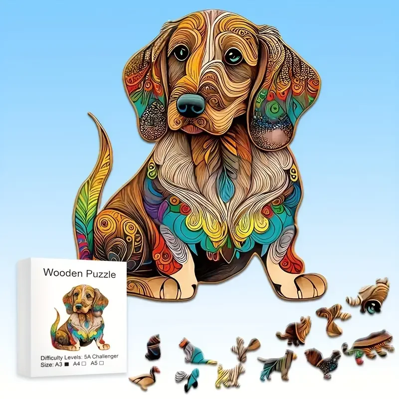 Farebný pes drevený puzzle pre dospelých Deti, kusy v tvare zvierat Jigsaw hádanky hračky, vianočné darčekové domáce dekorácie Family Game