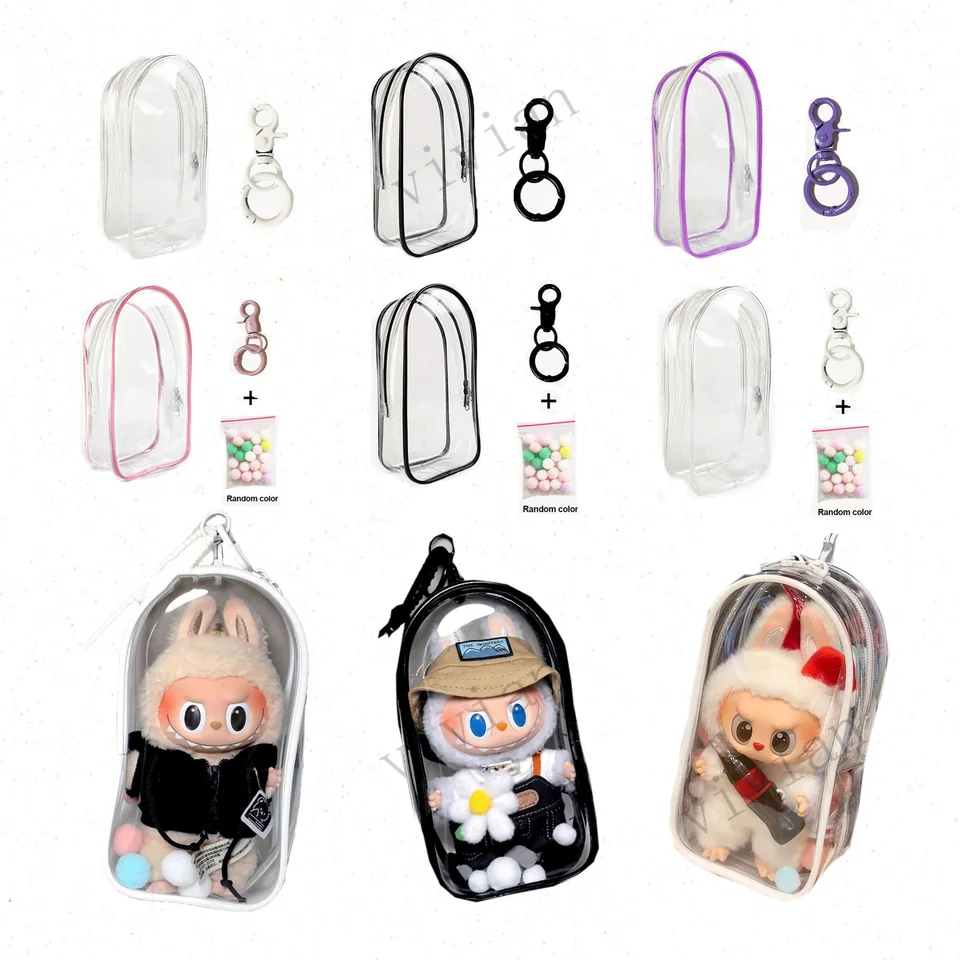 Farebný priehľadný box organizátora chrániča pre chrániče pre 15-17 cm labbubu bábiky Outdoor Display Bag s príslušenstvom pre bábiky Keychain