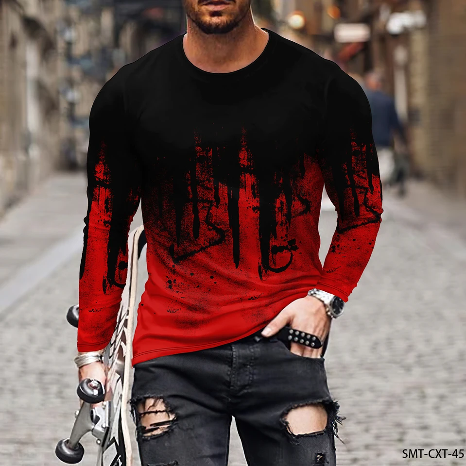 Farebný vzor linky 3D tlač Pánsky okrúhly krk Tričko Príležitostné dlhé rukávy plus rozširovanie módny trend Pánske oblečenie