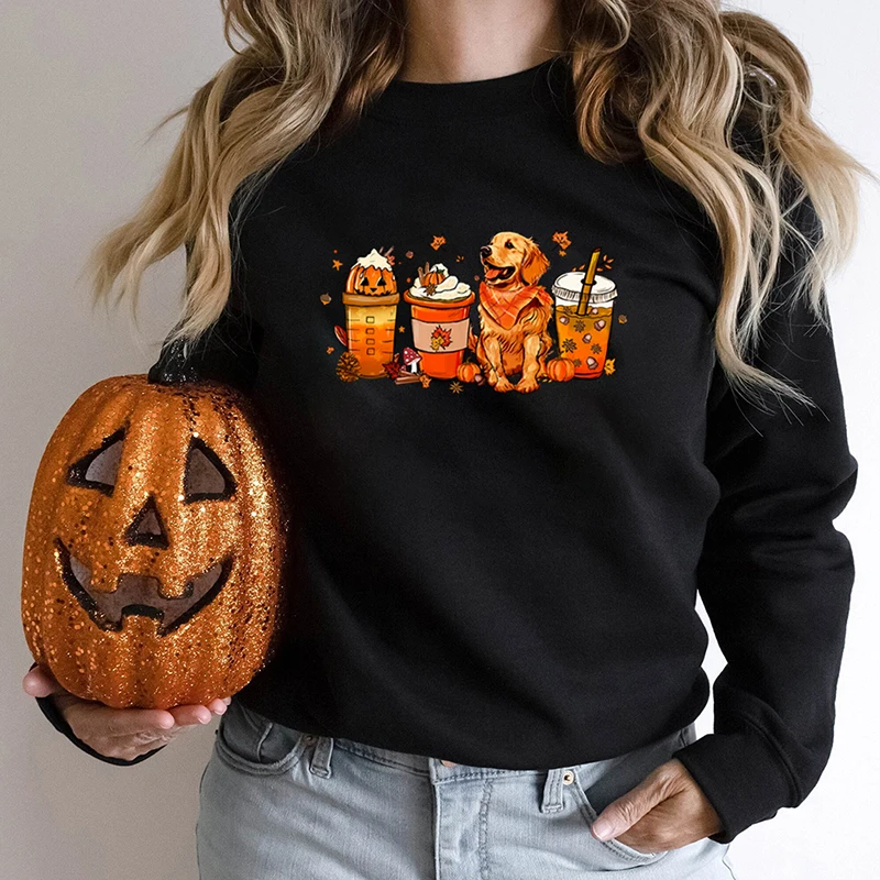 Fashion Fall Pumpkin Coffee Golden Retriever Print bez kapucňa pre ženy Cool tlač na jeseň a zimné dámy mikiny