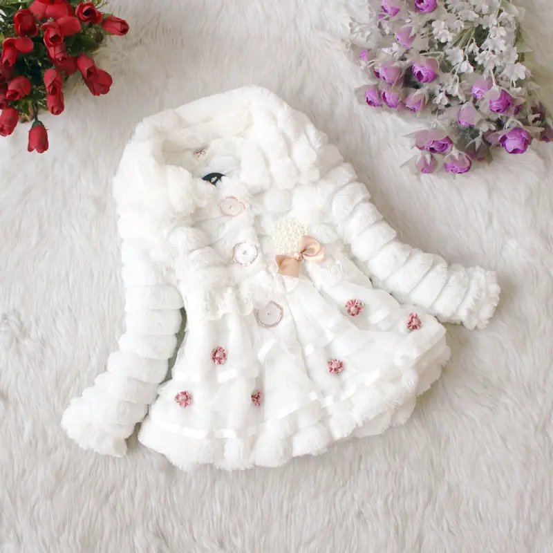Fashion Kids Faux Curr Cors Autumn Zimná zima teplá plyšová bunda vianočné vianočné kvetinové čipky princezná Outwear Toddler Girl Clothes