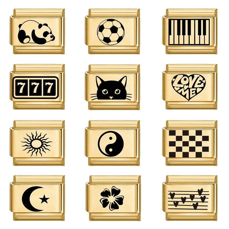 Fashion Moon Sun Tai Chi Cat Heart Piano Seckon Talianske kúzlo Links Zlatá farba Fit fit 9 mm náramok pre domácich majstrov