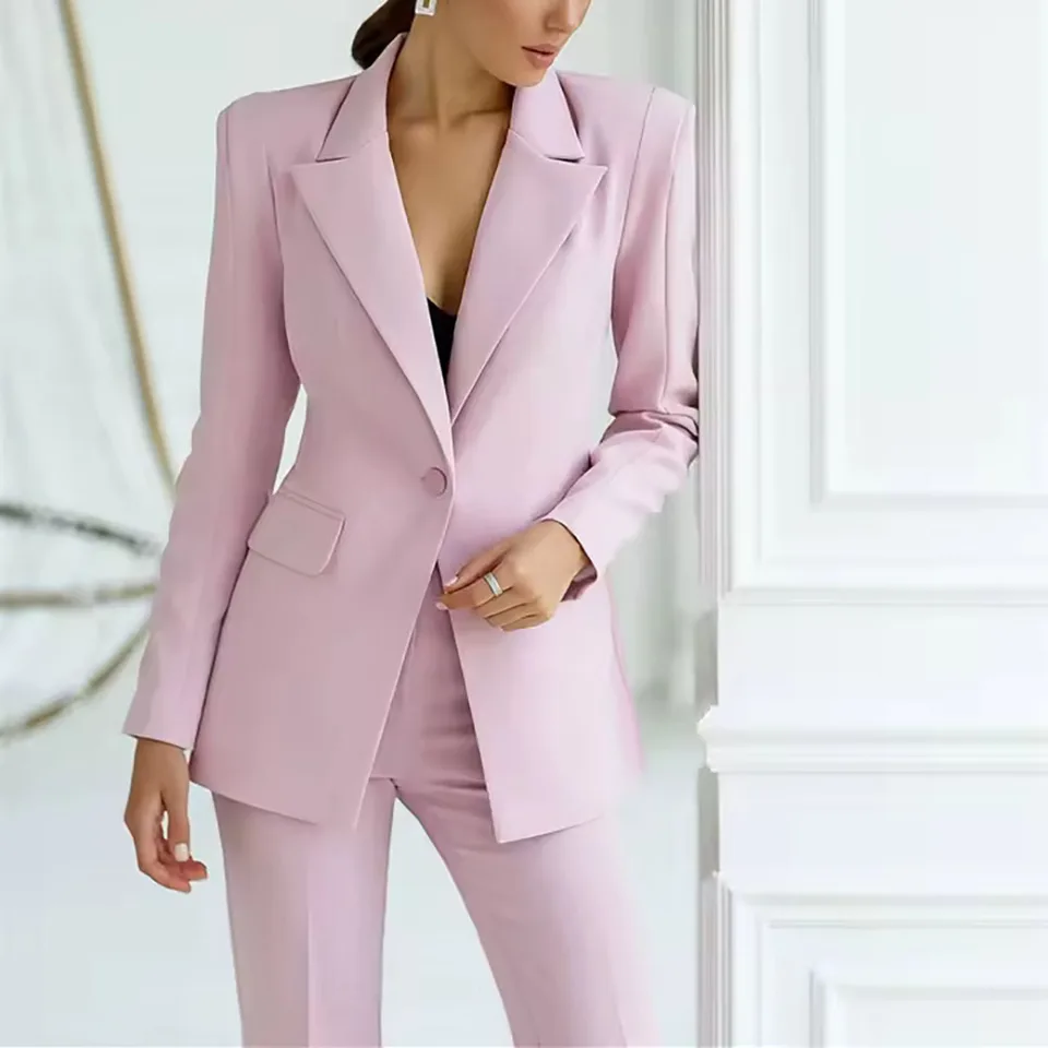 Fashion Pink Dámske obleky Blazer Elegantné One Button Peak Laskel Vrchne oblečenie prispôsobené štíhle fit 2 -kusové nohavice Plné súpravy