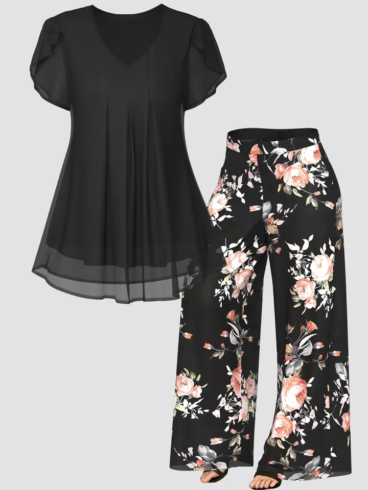 Fashion Plus veľkosť kvetinové retro zodpovedajúce súprava sada V-krku a tlačené nohavice šifón dvojdielne set temperament Top a nohavice leto