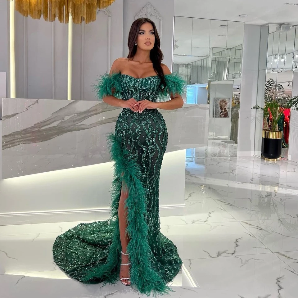 FashionVane Luxury High Side Slit Prom sa šaty z ramena perie korálky morská panna večierok Večer formálne sprievodné šaty