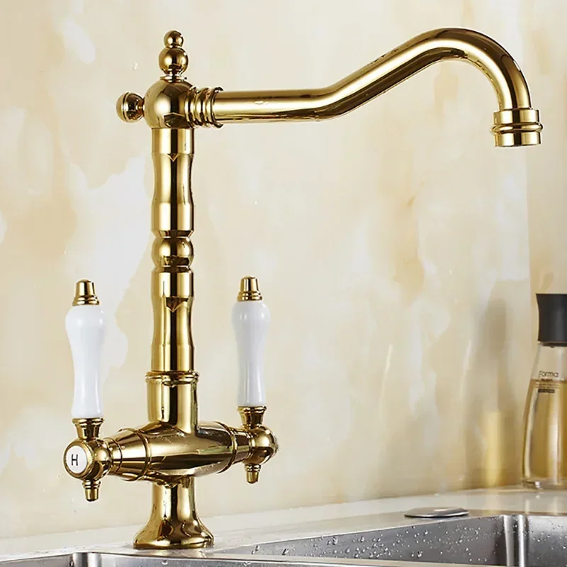 Faucet pre kuchyňu duálna rukoväť starožitný mosadzný retro faucet 360 stupňov rotácie kuchynské drezové kohútiky