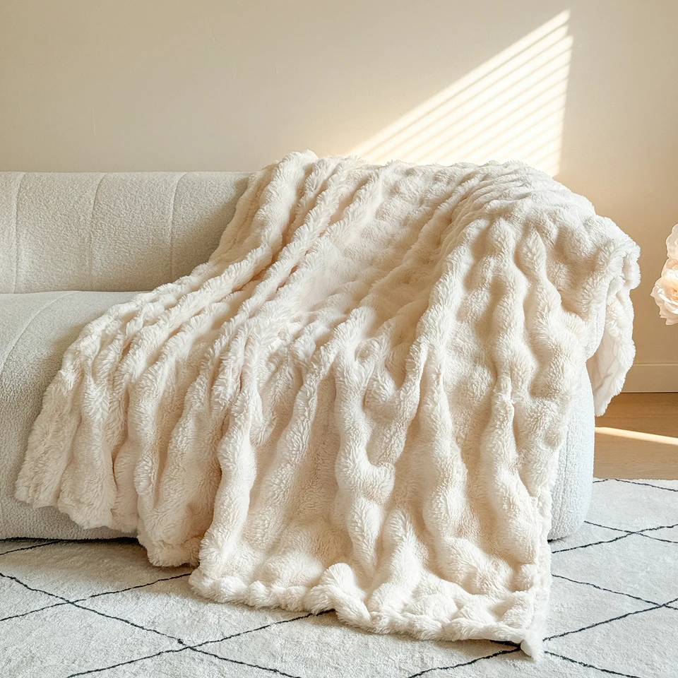 Faux Fur Had Dride, 150x200cm Soft Fluffy Bubble Bubte pre gauč, obojstrannú luxusnú fuzzy útulnú prikrývku pre posteľnú pohovku