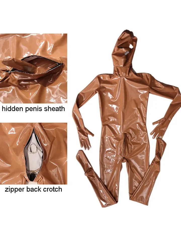 Faux kožené kombinézy Zábavný kabát Samostatný bodový bod Bodystingu skrytý penis puzdro na zips rozkrok Crotch BodySuit Cosplay Costs