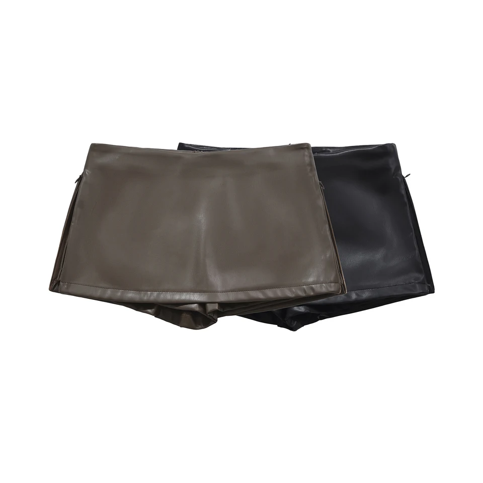 Faux kožené mini sukne elegantné kórejské módy čierne pu sukne pre ženu s nízkym vzostupom sukne na zips s sukňou s šortkami hnedé