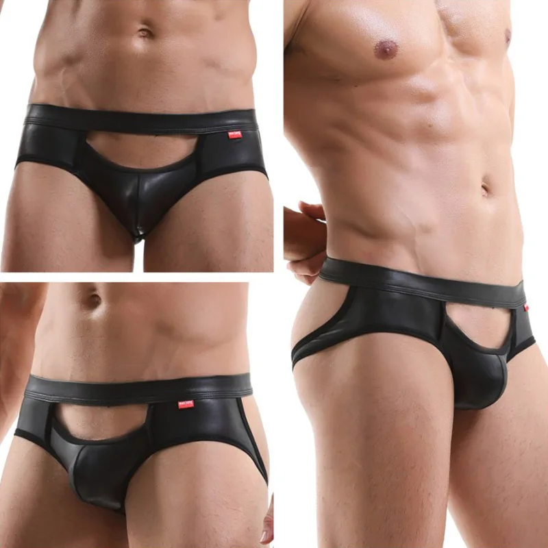 Faux kožené muži Režiséry sexy muži spodná bielizeň G-Strings čierne pu kožené muži nohavičky Gay Bulge Big Petouch Back Hollow Man Underfants