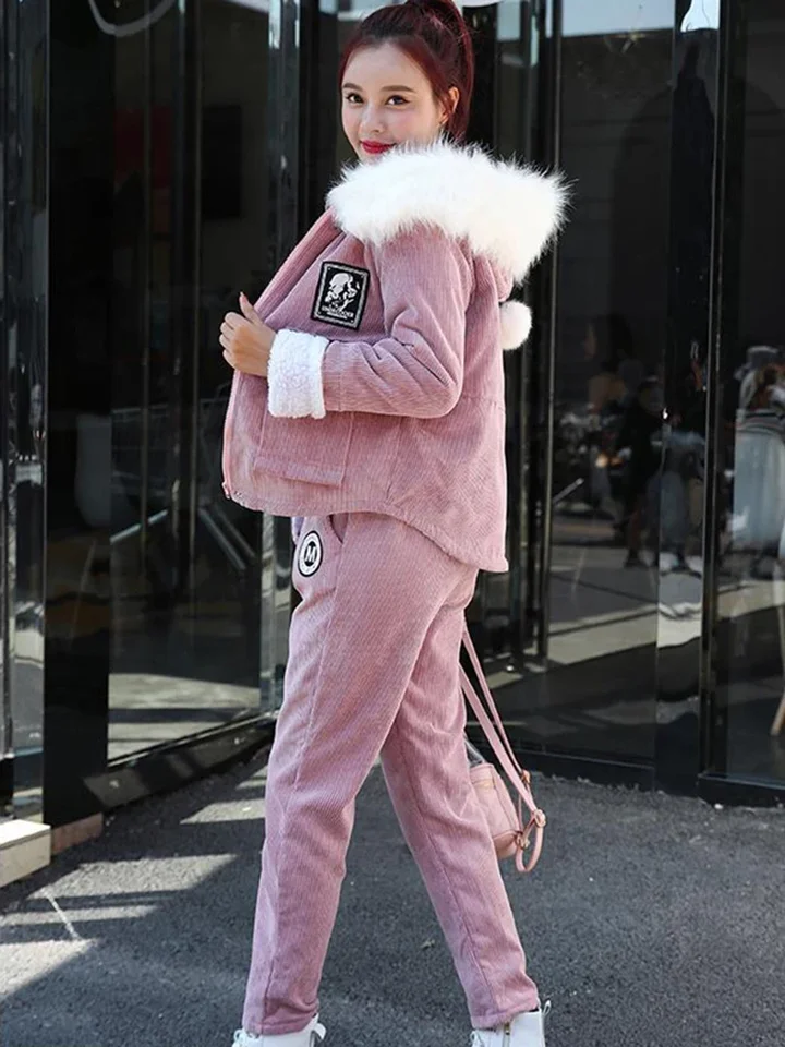 Faux kožušina Collar Corduroy 2 -kusové súpravy Warm Fleece lemovaná kapucňa zimná hustá lambwoolová oblek plyšový harmský harém Pant Outfit