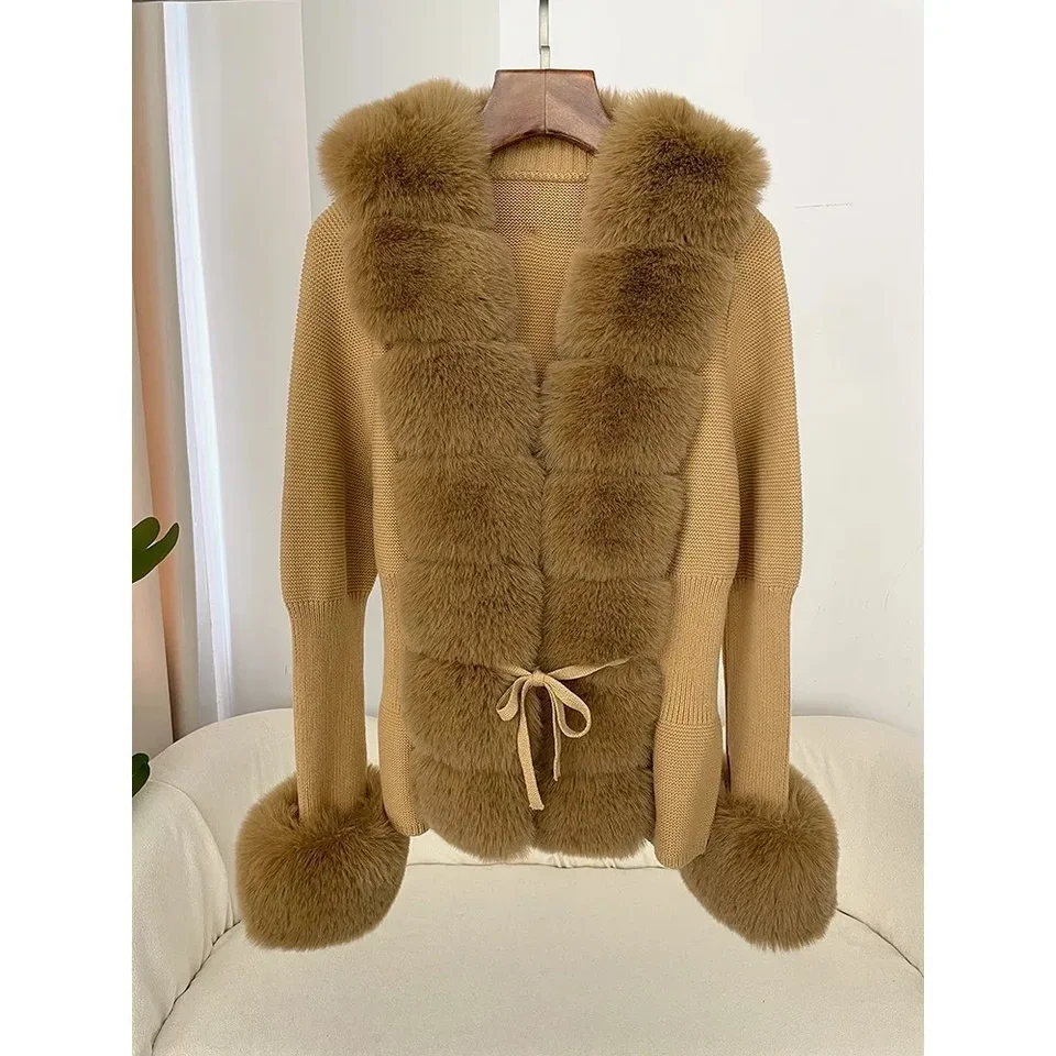 Faux kožušina luxusná patchwork pletený sveter obväz Fur Mardigan odnímateľný obojok