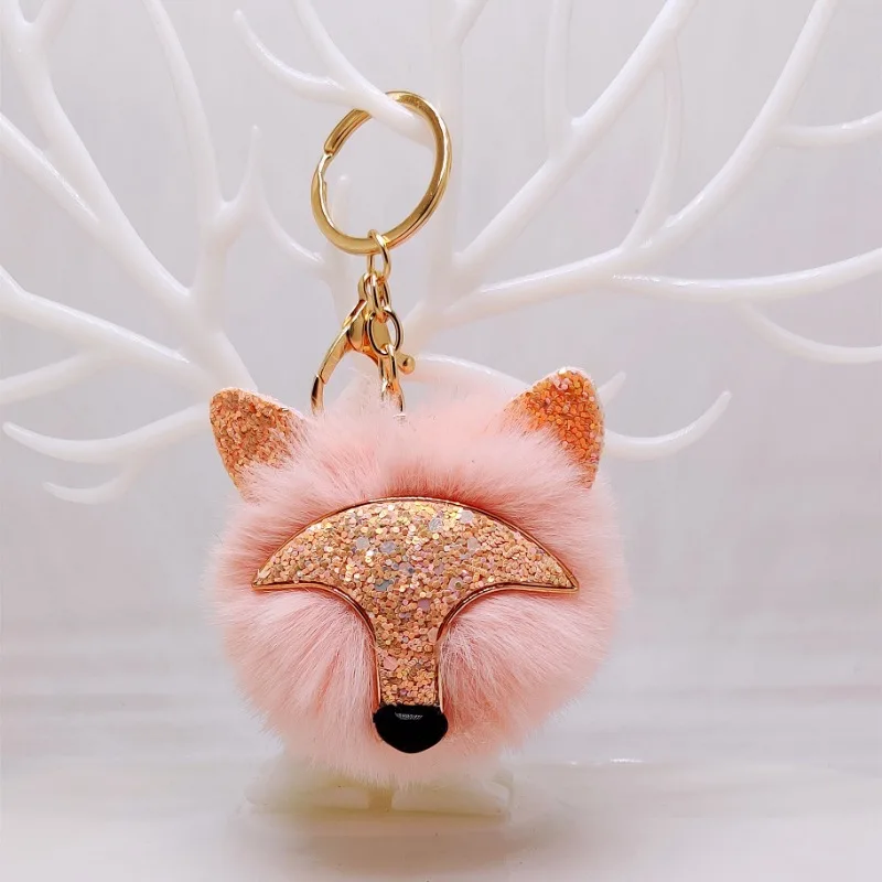Faux králičie kožušina Fluffy Keychain Fashion Flip Flip Fox Head Keychain Sparkly Handbag Backpack batoh kľúča kľúča Decorácie