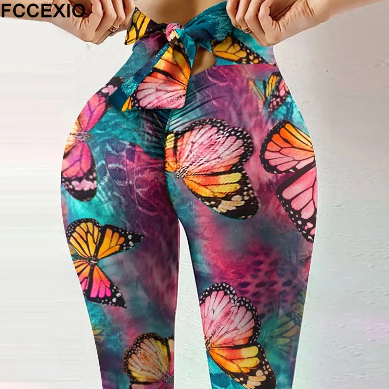 Fccexio letné motýľové tlače legíny roztomilý luk vysoký pás fitness nohavice bedrové výťahové cvičenie legíny leopard push up leggin