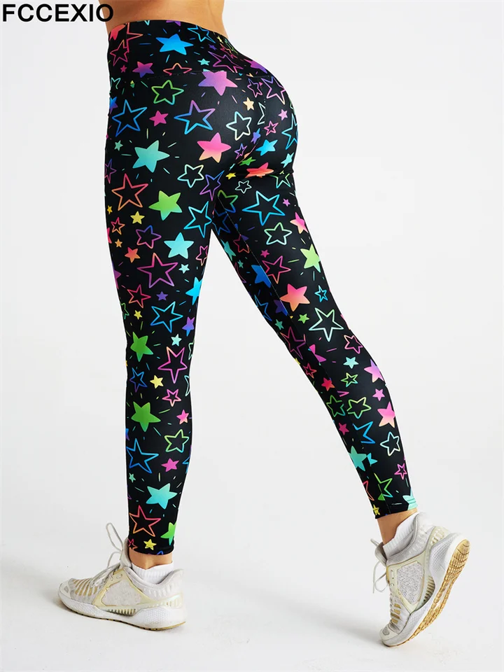 Fccexio sexy nové veľa farebných hviezd Tlač dámskych športových legíny High Asa Running Tght Fitness Workout Yoga Gym Pants