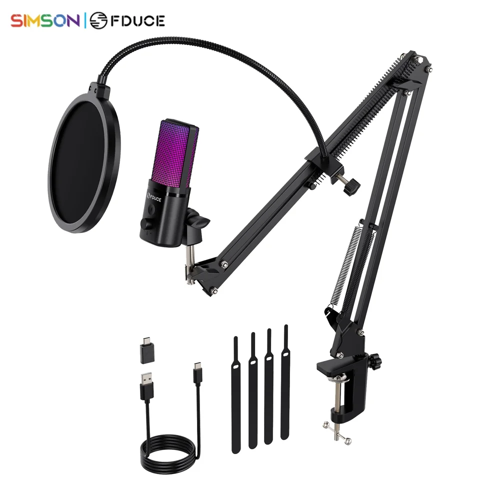 FDUCE M160-RGB USB Gaming Microfón s dynamickou farbou RGB, dotknite sa tlačidla stlmenia, stojan na paže alebo nárazový držiak pre PC PS5/4