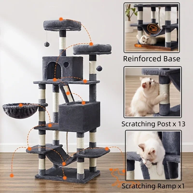 Feandrea 66,1 palca Cat Tree, veľká mačka veža so poškriabaním, 2 ostriež, 2 jaskyne, kôš, hojdačka, pompoms, stabilné mačiatko