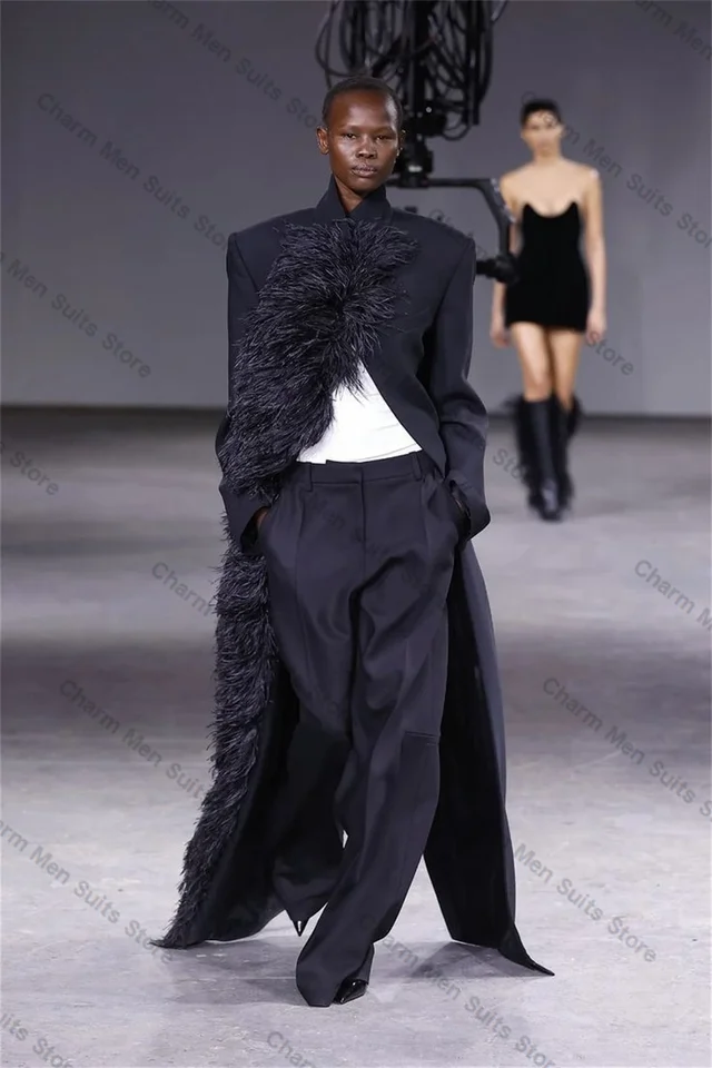 Feather Black Men Suits Set 2 -Place Dlhý sako+nohavičkové nohavice Prispôsobené mužské svadobné smokingové smokingové formálne kancelárske plesové šaty bunda