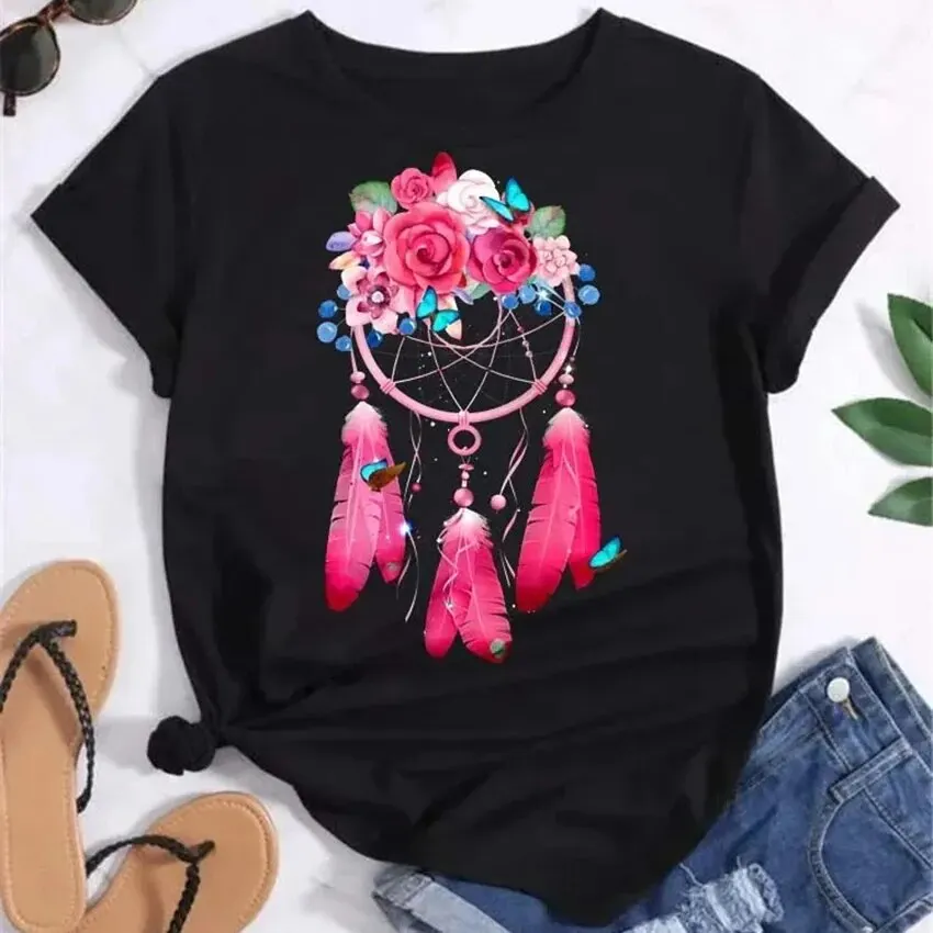 Feather Dreamcatcher Dámske módne tričko Harajuku Grafické odpaliská košeľa Femme Dream Catcher Dámske dámske tričká topy