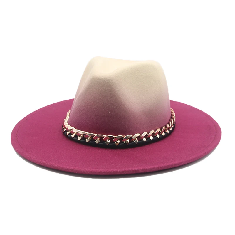 Fedora Hat Gradient Color Gold Chain Band Women Hat Winter Wide Brim Jazz Caps Vintage Luxury Felt Women Klobúky Sombreros de Mujer