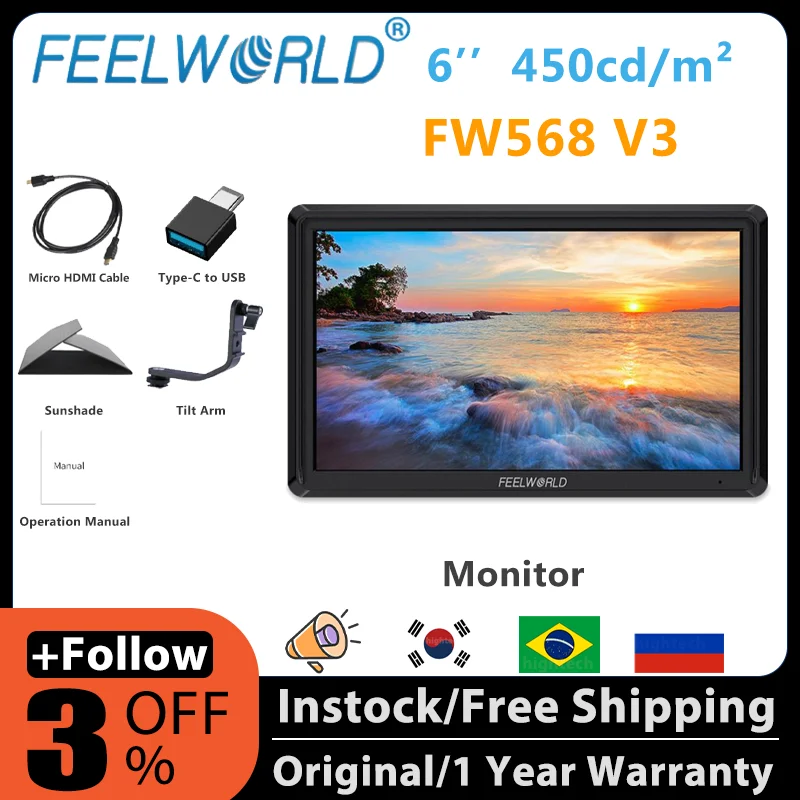 Feelworld FW568 V3 5,5 palca Prenosný fotoaparát DSLR Field Monitor vlny 4K HD v Out Full HD 1920x1152