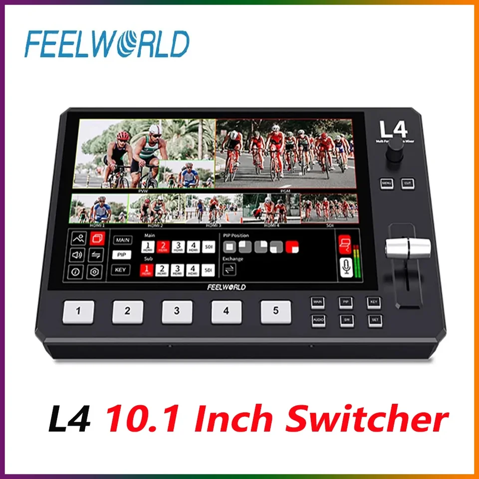 Feelworld L4 Video Switcher Multi-Camera Video Mixer 10,1 palca dotyková obrazovka USB3.0 Rýchle streamovanie živých vysielacích zariadení