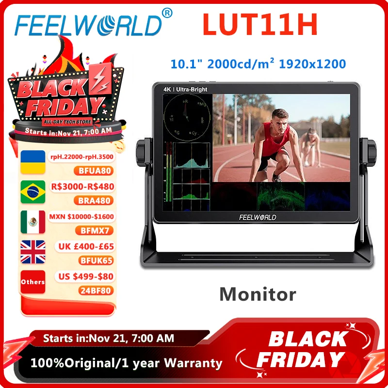 Feelworld LUT11H 10,1 palca 2000nit Ultra Bright DSLR Field Monitor dotykovej obrazovky Full HD IPS 4K HDMI-Compatibl pre YouTube